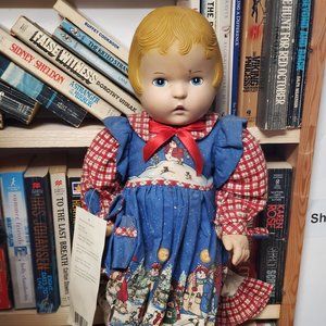 1991 Vintage Daisy Kingdom 18" Pansy Doll Blond Hair Blue Eyes Christmas dress